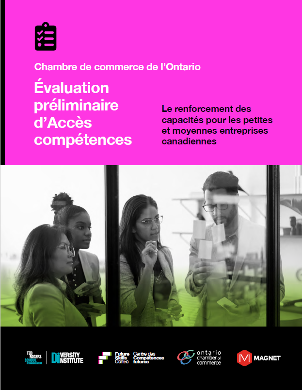 Une couverture de rapport présentant un groupe diversifié de personnes travaillant devant une fenêtre.